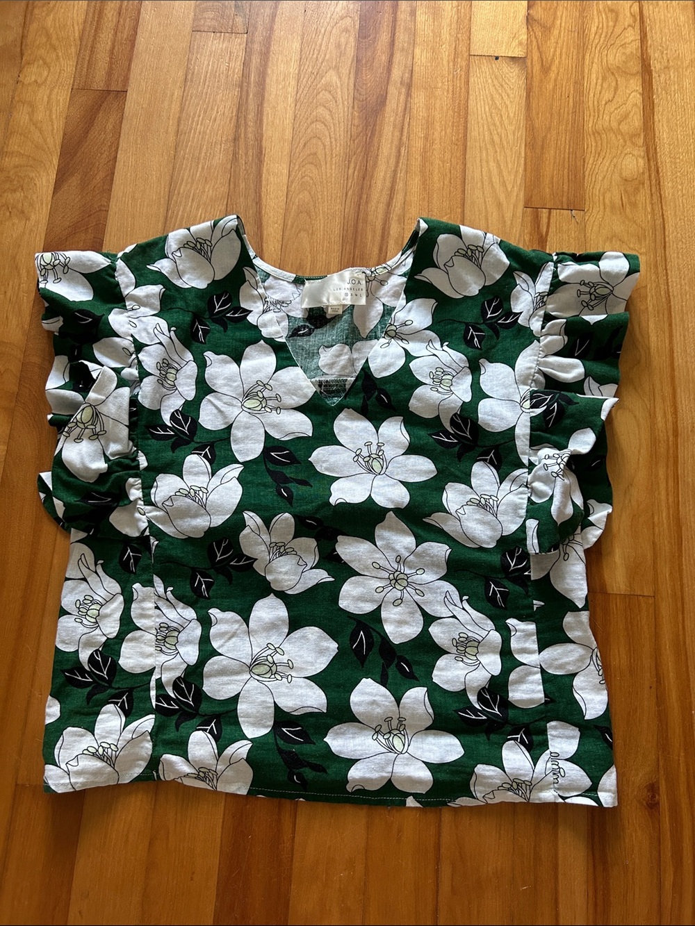 Women's Green Floral V-Neck Ruffle Sleeve Linen/Cotton Top